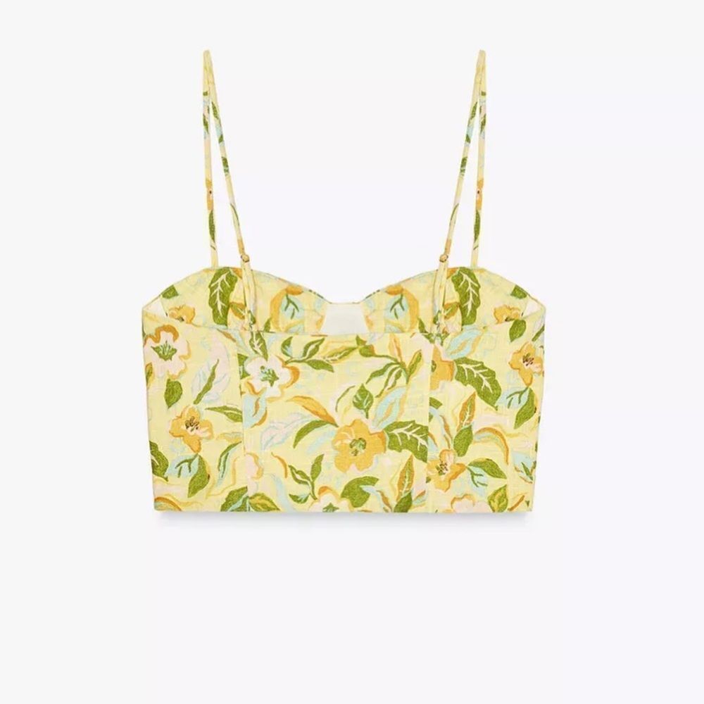 Zara Linen blend corset top with ruching Floral Yellow NWT XS - Picture 6 of 12